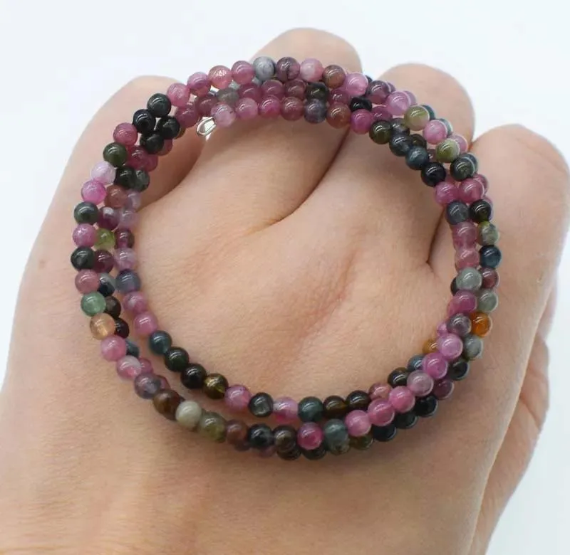 Bangle wow! 3Rows 4mm Purple Round Tourmalines Armband 7.5 -tums grossistpärlor Fppj Nature