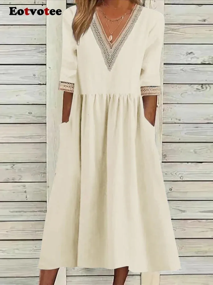 Eotvotee Women's Cotton Linen Dress 2024 Summer New Half Sleeved Vネックカジュアルドレスファッションレトロスプレッチルーズミディタンクトップ240103