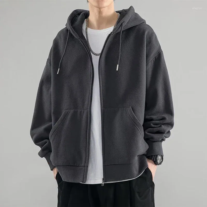 Sudaderas con capucha para hombre, Sudadera con capucha de lana cálida, chaqueta con cremallera, informal, lisa, de manga larga, de gran tamaño, Harajuku, Otoño/Invierno 2024