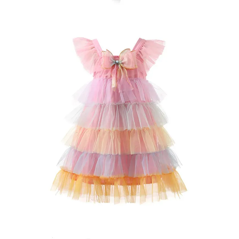 Robe d'été pour filles, vêtements pour enfants, princesse arc-en-ciel rose, gaze multicouche, robe de fête d'anniversaire pour bébés filles, 240104