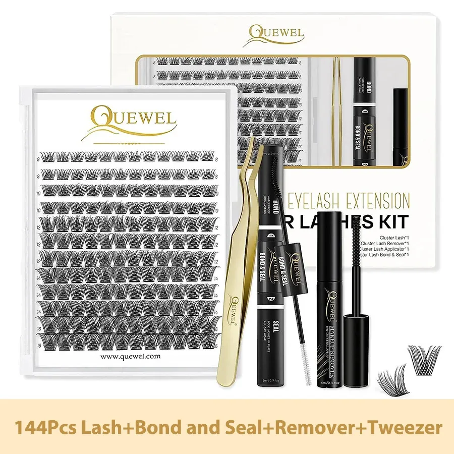 Quewel Lashes Kit 144PCS DIYクラスターラッシュフェイクミンクラッシュボンドとシール接着剤防水ラッシュ接着剤リムーバーゴールデンラッシュピンセット240104