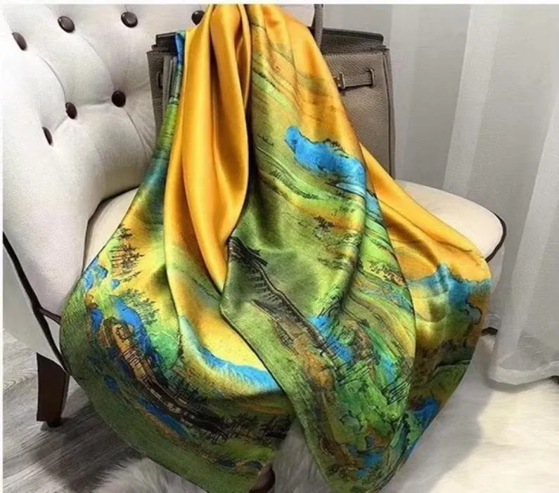 Sciarpe 2021 Design di marca Sciarpa di seta estiva Donna Pittura a olio Stampa Primavera calda Lrage Hijab Lady Pashmina Foulard Bandana3450155