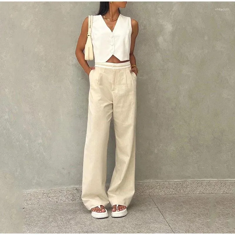 Pantalones de dos piezas para mujer, conjunto de 2 piezas de moda blanca para mujer, chaleco sin mangas con cuello en V y traje de cintura elástica ancha, trajes de viaje elegantes de verano 2024