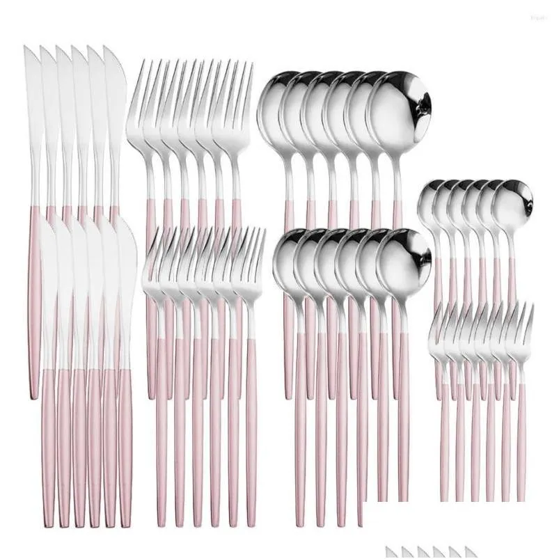 Yemek takımı setleri 48pcs ayna pembe sier çatal bıçak takımı seti paslanmaz çelik bıçaklar çatallar çay kaşığı tam mutfak sierware sofra sofra damlası de dhk8e