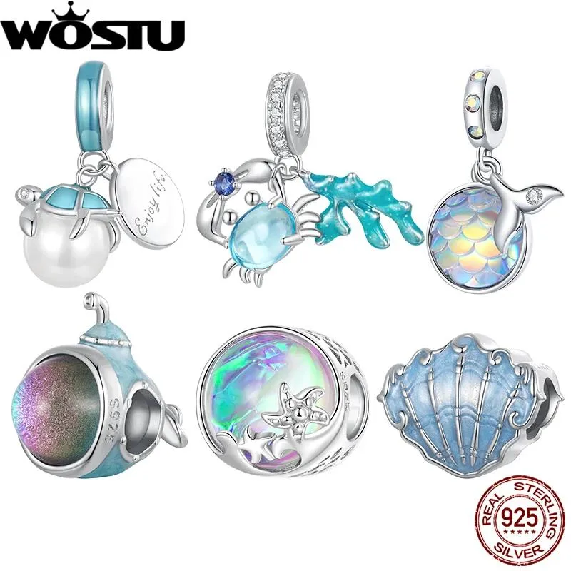 Pulseiras Wostu Sterling Sier Turtle Seashell Submarine Bead Caranguejo Seaweed Charms para Mulheres Fit Pulseira Colar Fine Jewelry Gift