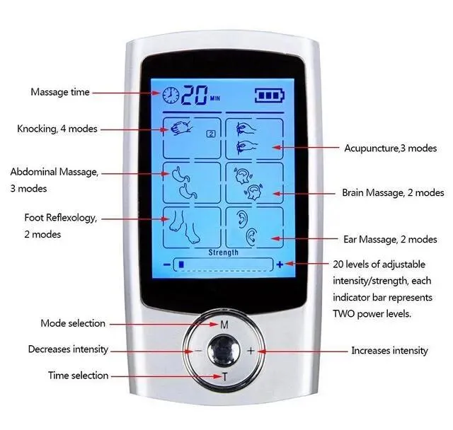 Massager 16 lägen Tens Unit Digital Electronic Pulse Massager Therapy Muscle Full Body Mini Acupuncture Magnetic Therapy TENS Massage Silve