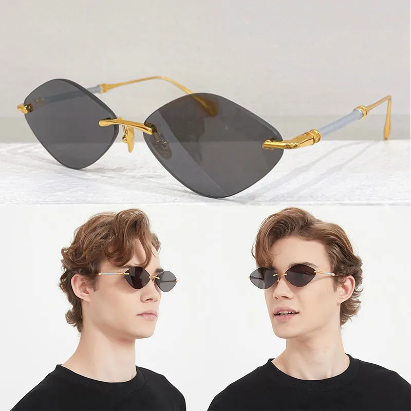 Sommer-Runway-Stil THE SKYLINE Sonnenbrille Herren Damen mit rahmenlosen rautenförmigen Gläsern Metall weiße Beine Outdoor-Reise-Sonnenbrille mit Box