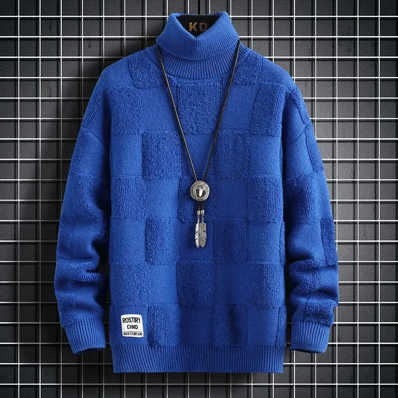 ハイネックラインの厚い温かいセーター/高品質のメンズウィンターピュアシンカジュアルファッションブランドルーズ格子縞のニット格子価240104