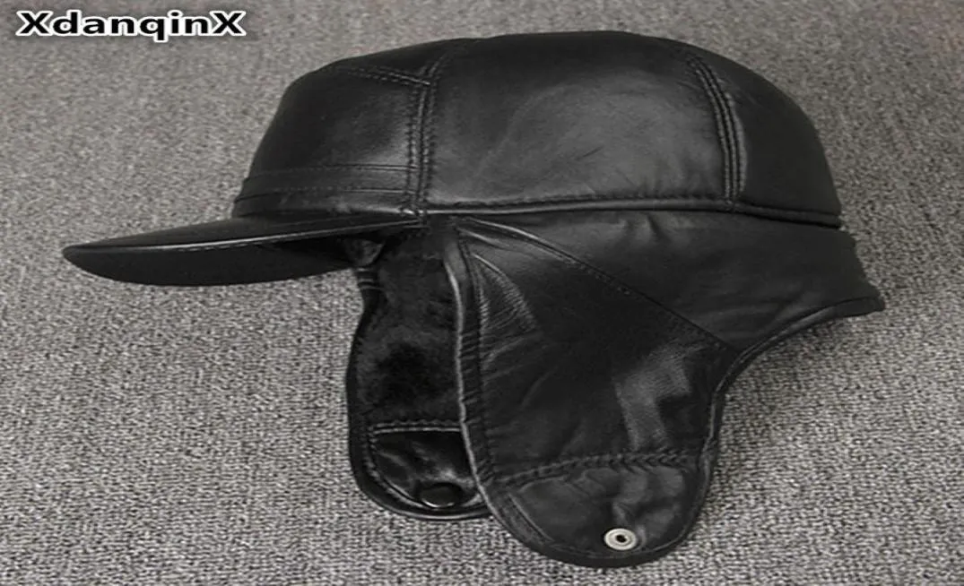 Xdanqinx äkta läderhatt för män vinter varma bombplan hattar öronmuffar plus sammet tjock fårskinn huva skidkap pappa mössor t5325348