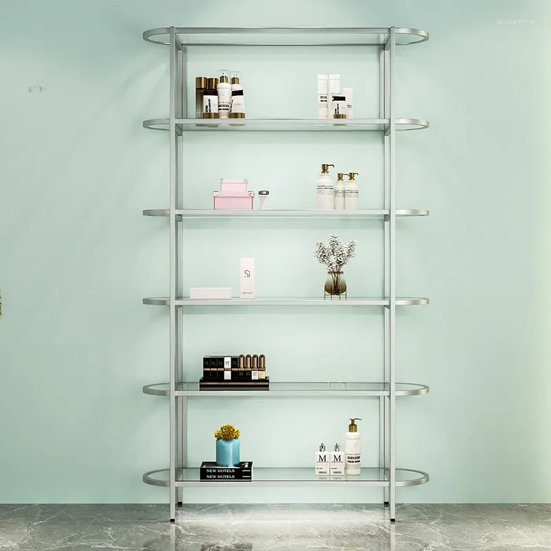 Dekorativa plattor Glass Display Cabinet Cosmetics Beauty Salon visar golvhyllor