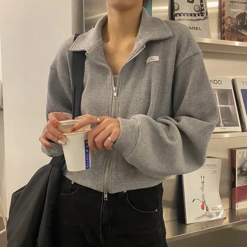 Damenjacken Frauen Abgeschnitten Harajuku Koreanischer Reißverschluss Sexy Mäntel Streetwear Solide Lose Langarm Y2K Mädchen College Sweatshirt Tops
