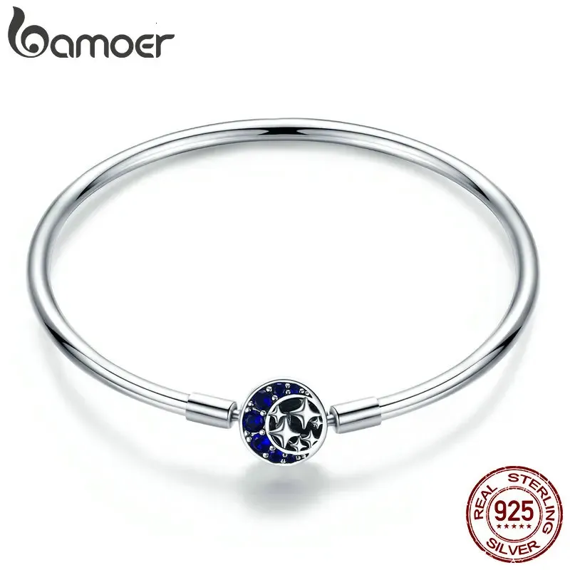 Äkta 100% 925 Sterling Silver Blue CZ Moon and Star Armband Bangles For Women Jewelry S925 SCB080 240103