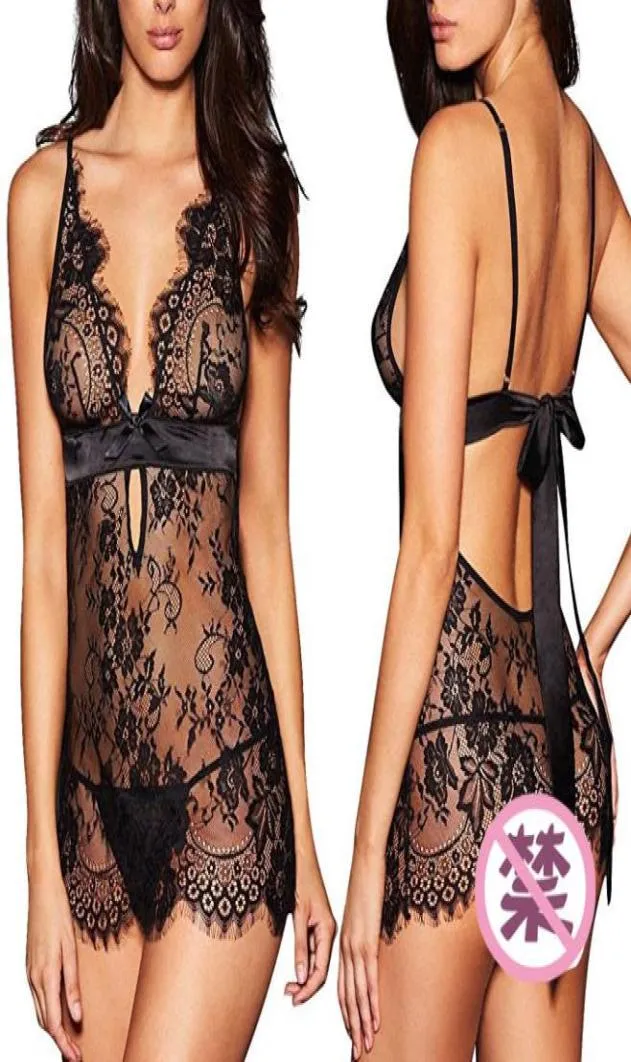 Sexy Lingerie Backless Lace Babydoll Open Crotch Underwear Black Skirt Bra and Panty Set7859695