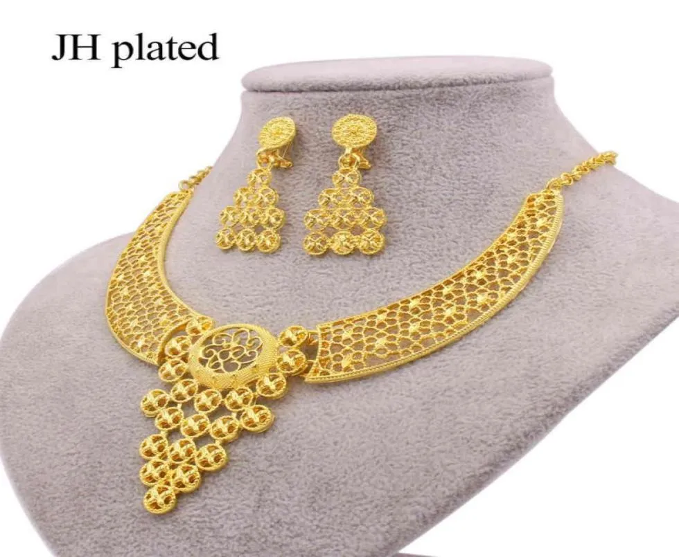 Smyckesuppsättningar Dubai 24K guldfärgprydnad för kvinnor halsband örhängen afrikansk bröllop brud party lyxiga gåvor smycken set53586296692