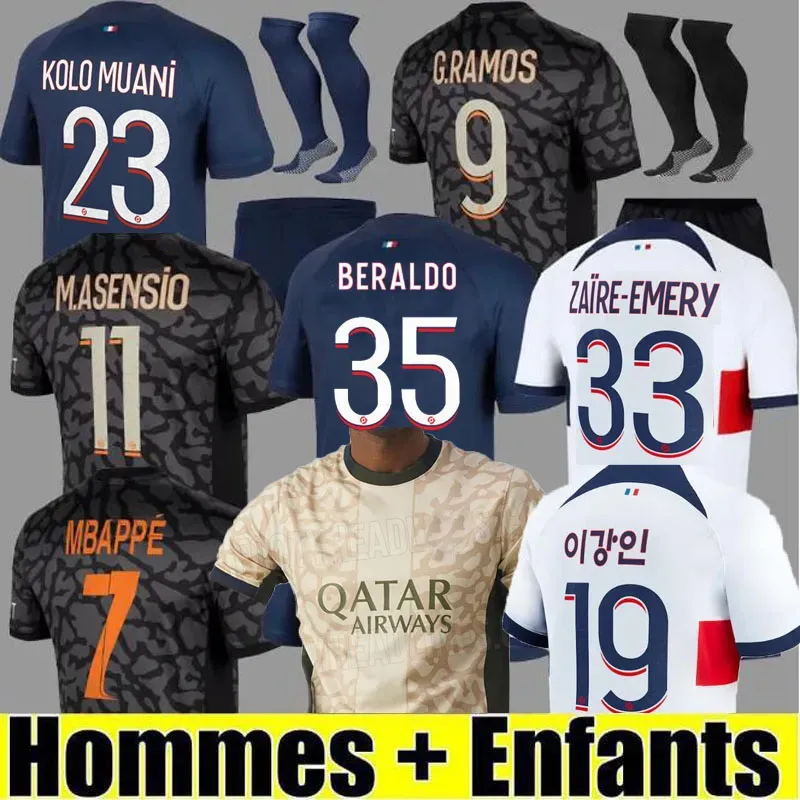 2023 2024 Maillot de Foot MBAPPE Soccer Jerseys KOLO MUANI O.Dembele ASENSIO HAKIMI BERALDO Chemise de football 23 24 hommes enfants MEN Kids KIT LEE KANG IN Zaïre-Emery