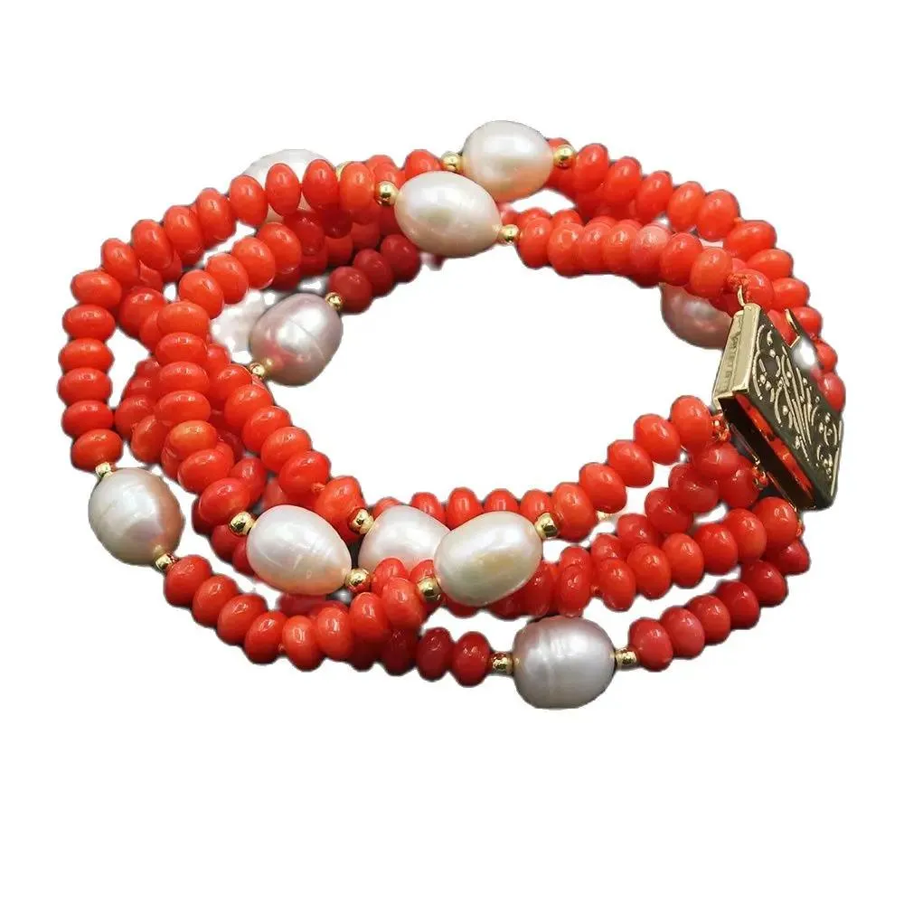 Armband gg smycken 5 strängar naturliga vita rispärla orange korallarmband handgjorda söta för kvinnor