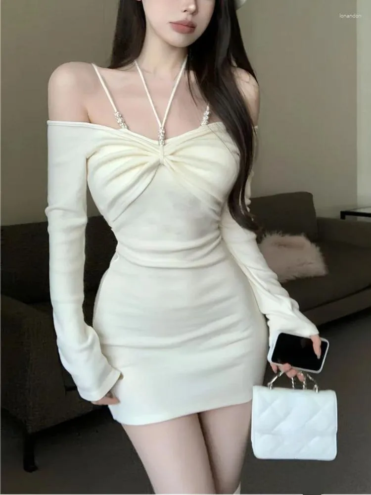 Casual Dresses 2032 Autumn Elegant Sticked Short Party Dress Women Slim Bodycon Y2K Mini One Piece Korean