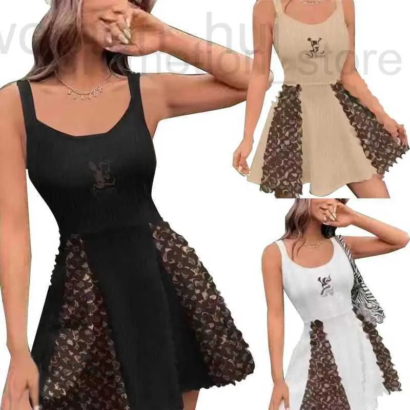 Grundläggande avslappnade klänningar Designer Brand Kvinnokläder Foreign Trade Printing Pit -remsor med krage etikett hängande tag rem kort kjol klänning h2rk