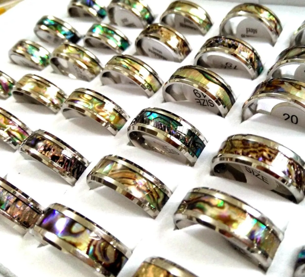 Ganze 50 Stück einzigartige Vintage-Ringe aus echtem Muschel-Edelstahl für Männer und Frauen, 8 mm Band, bunt, schöne Eheringe, Party am Meer, 9138338
