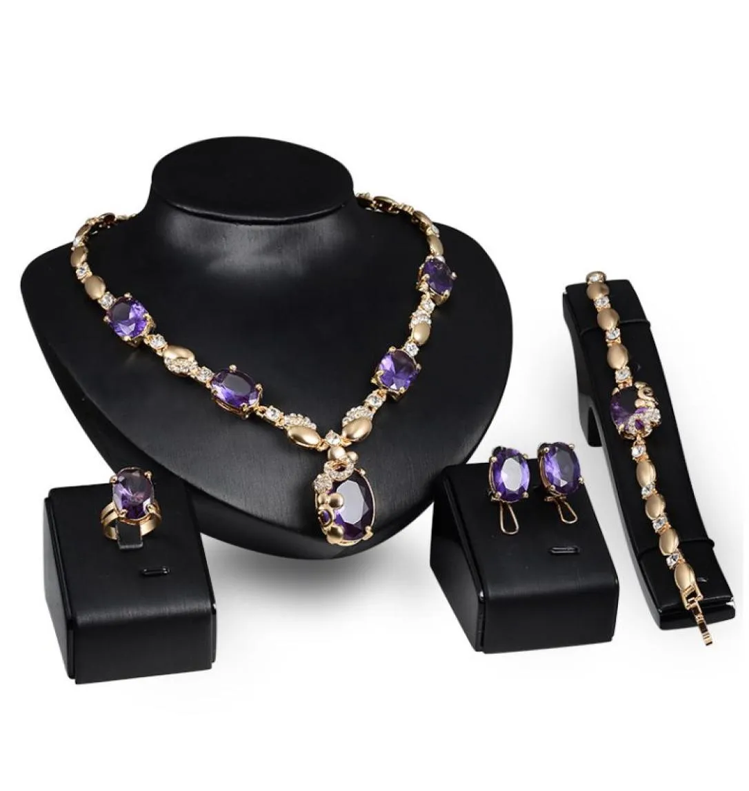 Rings Necklaces Bracelets Earrings Jewelry Set Fashion Royal Imitation Gemstone 18K Gold Plated Party Jewelry 4 piece Set Wholesal4502028
