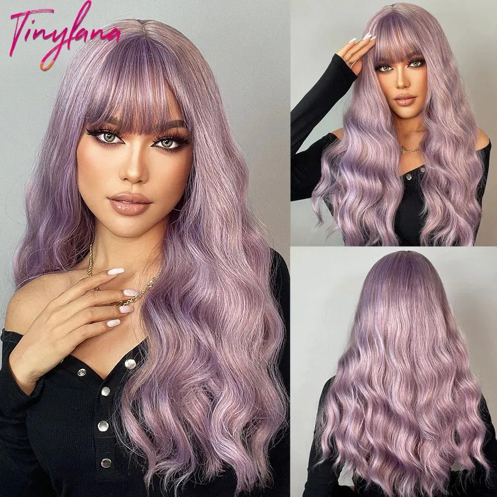 Wigs Pink Purple Synthetic Wig with Bangs Long Wavy Hair Wigs for Women Water Wave Natural Cosplay Party Daily Hair Heat Resistant