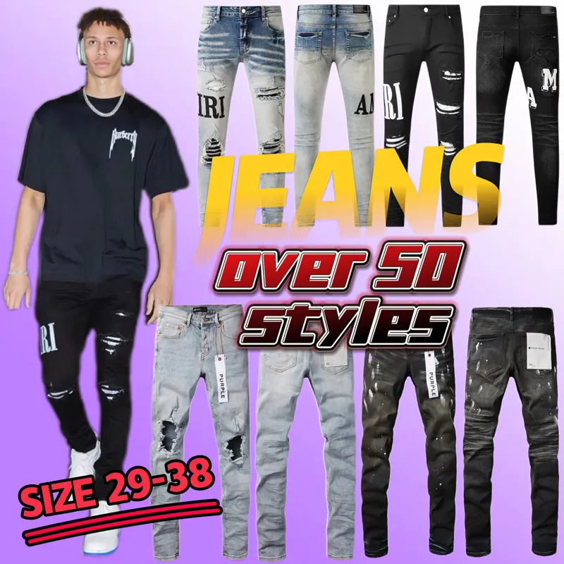 Lila jeansbyxor jeans designer män jeans kvinnor man amirs smala fit denim bokstaven tryck byxor mens streetwear stor storlek designer jeans