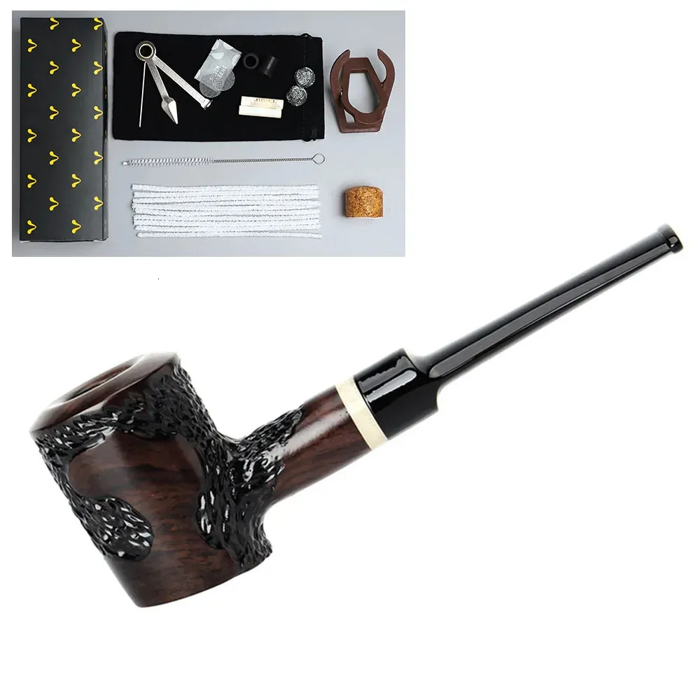 RU MuXiang Carved Ebony Pipe with 10 Piece Clean Set 9mm Filter Straight Tobacco Pipe Handmade Black Hammer Pipe Gift for Men 240104