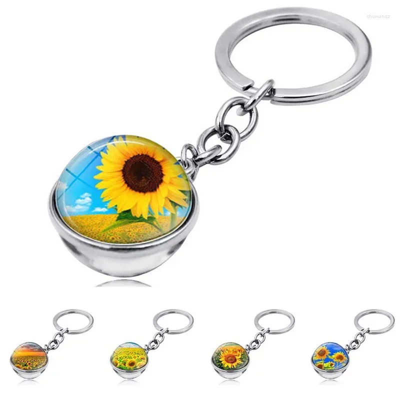 Porte-clés WG 1pc mode motif de tournesol temps pierre précieuse cabochon porte-clés pendentif boule de verre porte-clés en métal cadeau créatif