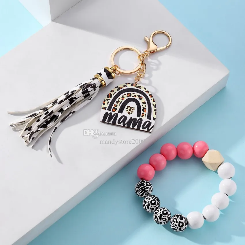 Rosa weiße Leopard Holzperlen Mama Regenbogen Ornamente Anhänger Tassels Armband Key Kette Frauen Armband Holzperlen Armband Schlüsselbund Muttertagsgeschenk