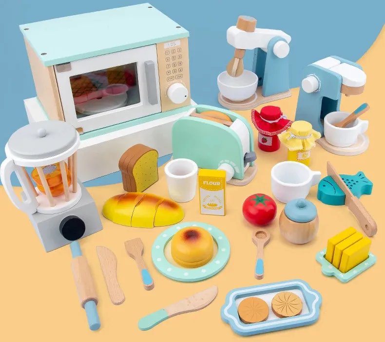 Wooden Pretend Play Kitchen Set - Kids' Toaster, Coffee Machine, & Food ...