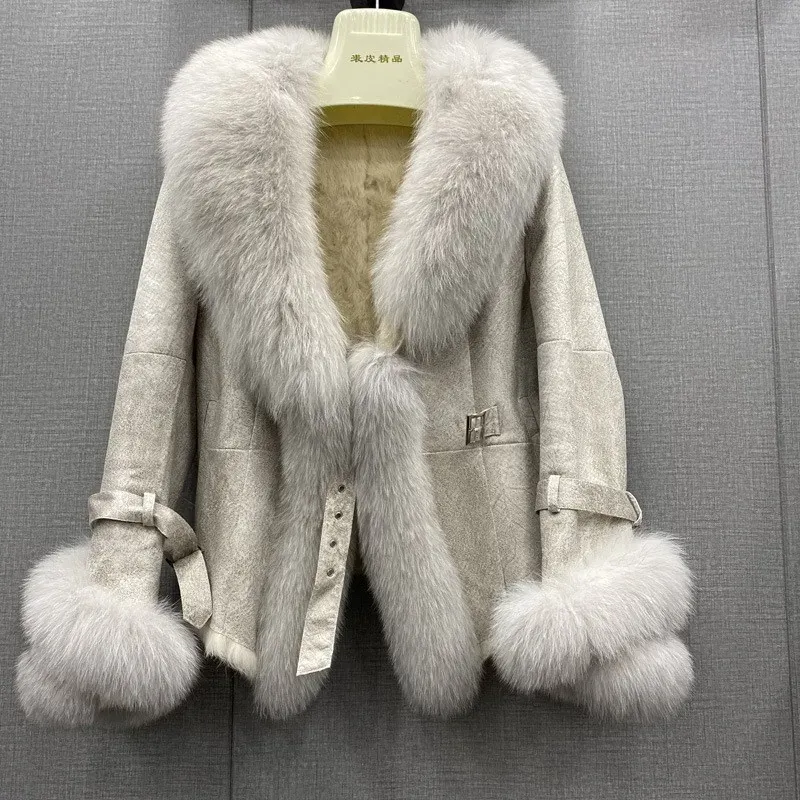 Plus Size Winter Coat: Genuine Rabbit Fur Leather Jacket w/ Fox Fur  Collar Slim Fit Outerwear for Women, Warm Stylish