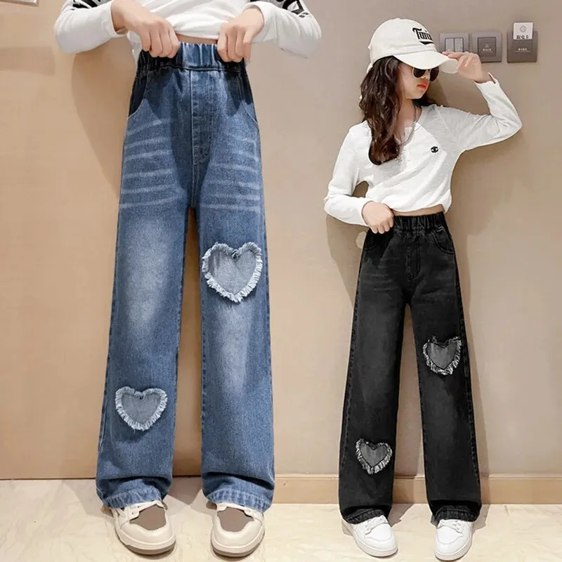 Pantalons d'école à jambes larges pour adolescentes, avec motif cœur, décontracté, ample, mode printemps, Jeans longs, pantalons de Style coréen pour enfants 240103