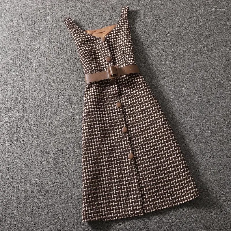 Casual Dresses Spring Autumn Small Fragrance Tweed Sleeveless Woolen Dress Women Single Breasted Slim Plaid A-Line