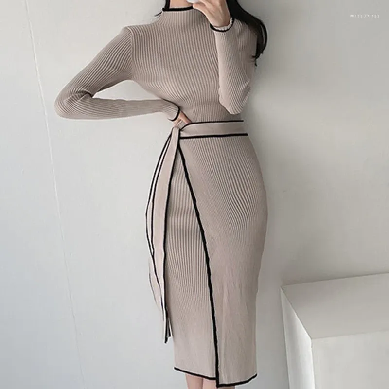 Повседневные платья, плотное дизайнерское теплое зимнее женское однотонное корейское вязаное платье-свитер 2024, женское элегантное офисное женское облегающее платье, Vestidos