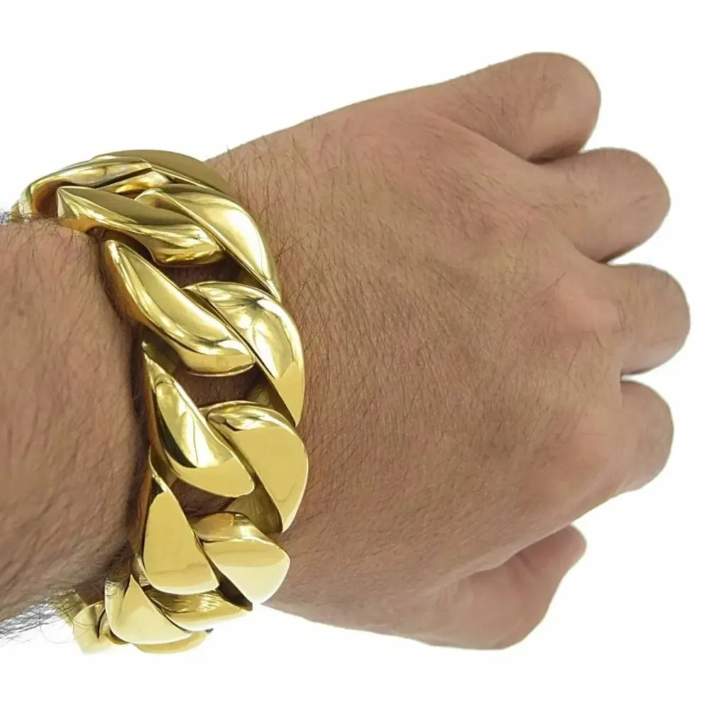 Bracciale da uomo in acciaio inossidabile 316L riempito in oro massiccio da 32 mm Bling pesante b155 240103