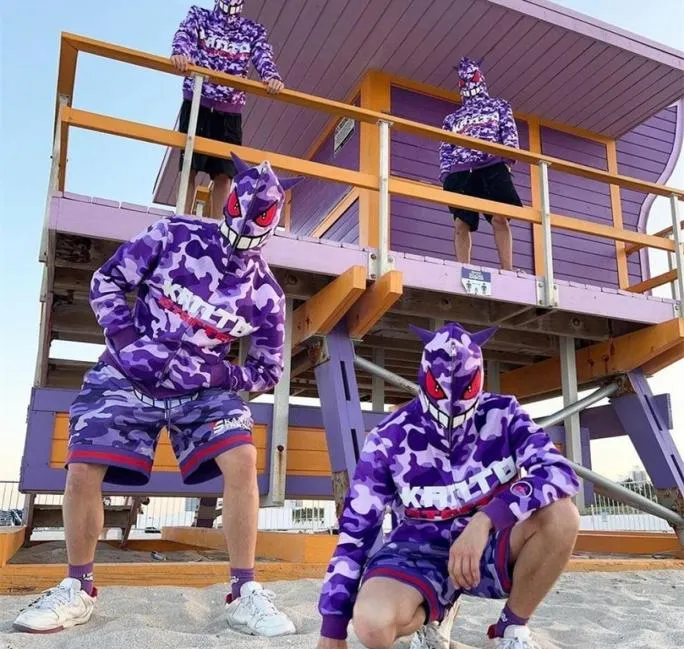 Sweat à capuche ample avec fermeture éclair pour hommes, motif camouflage violet, Y2K, imprimé contrasté, oreilles brodées, Harajuku, Streetwear rétro surdimensionné 2208198676505