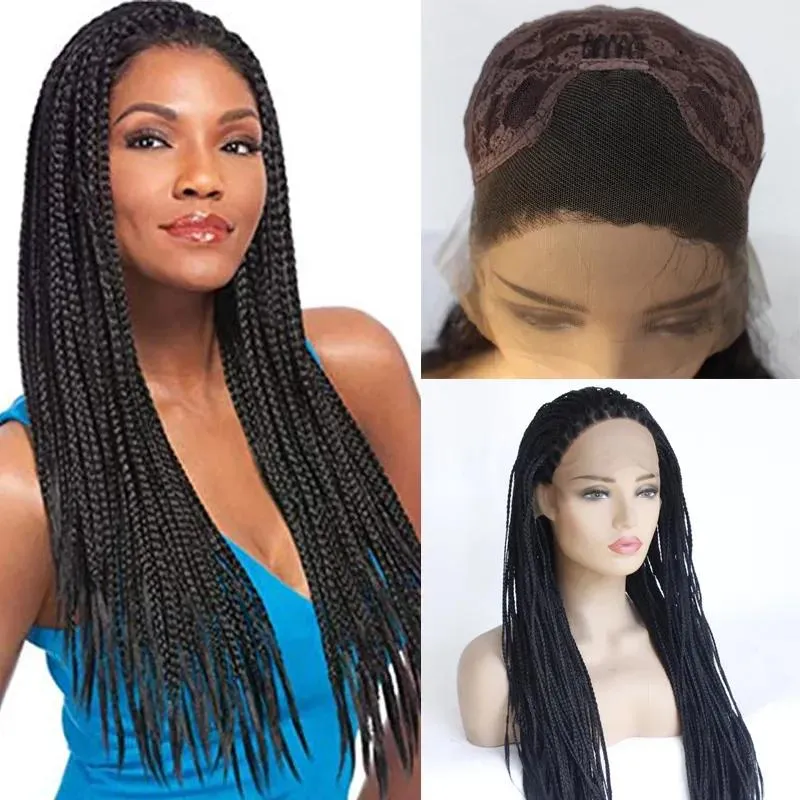 Perruques Lace Front Wig tressées avec cheveux de bébé # 1B pour femmes, perruque synthétique longue tressée résistante à la chaleur, sans colle, nouée à moitié à la main