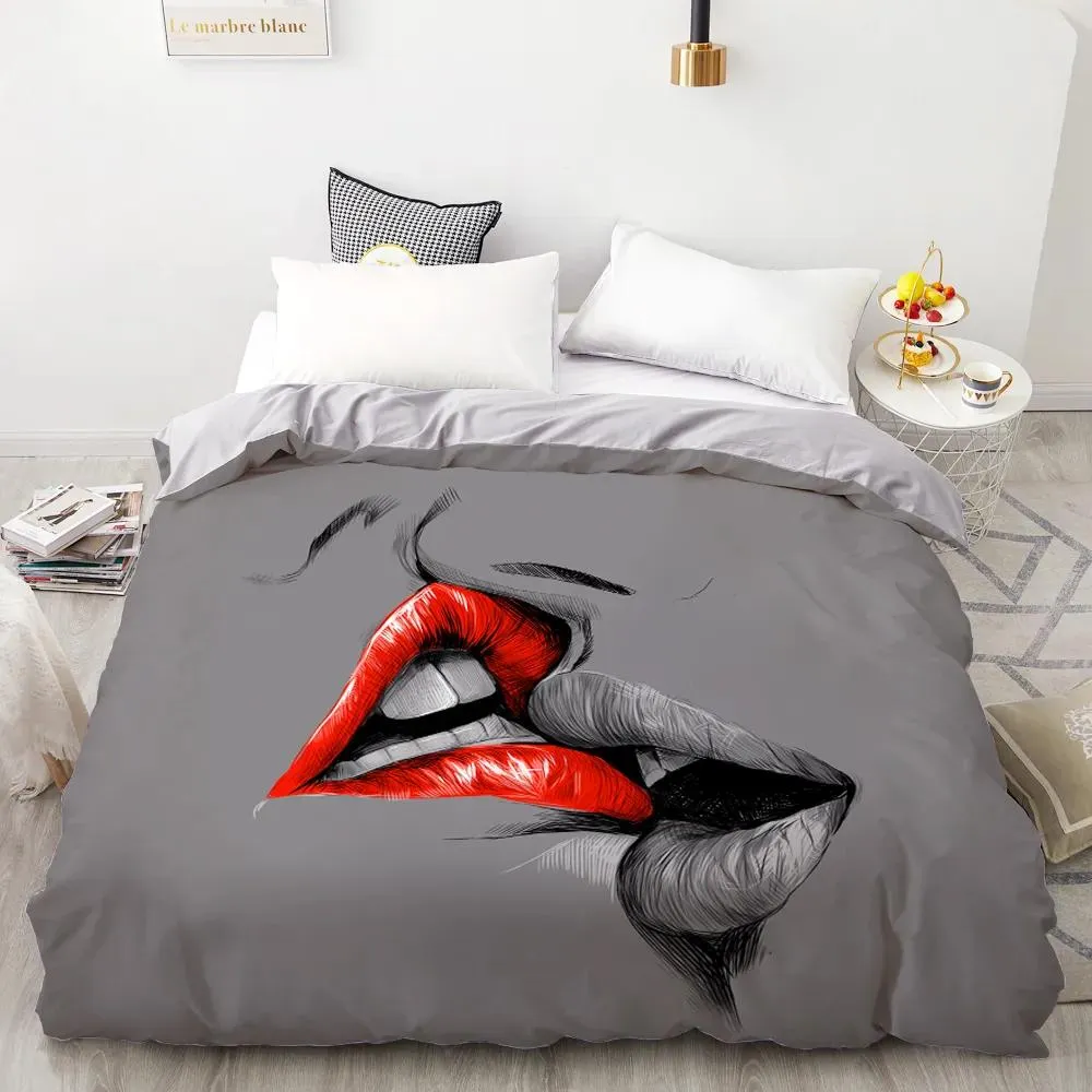 Uppsättningar 3D HD Digital Printing Custom Däcke Cover, Comforter/Quilt/Filt Case Queen King Bedding 200x200, Bedclothes Grey Kiss Lips Y20041