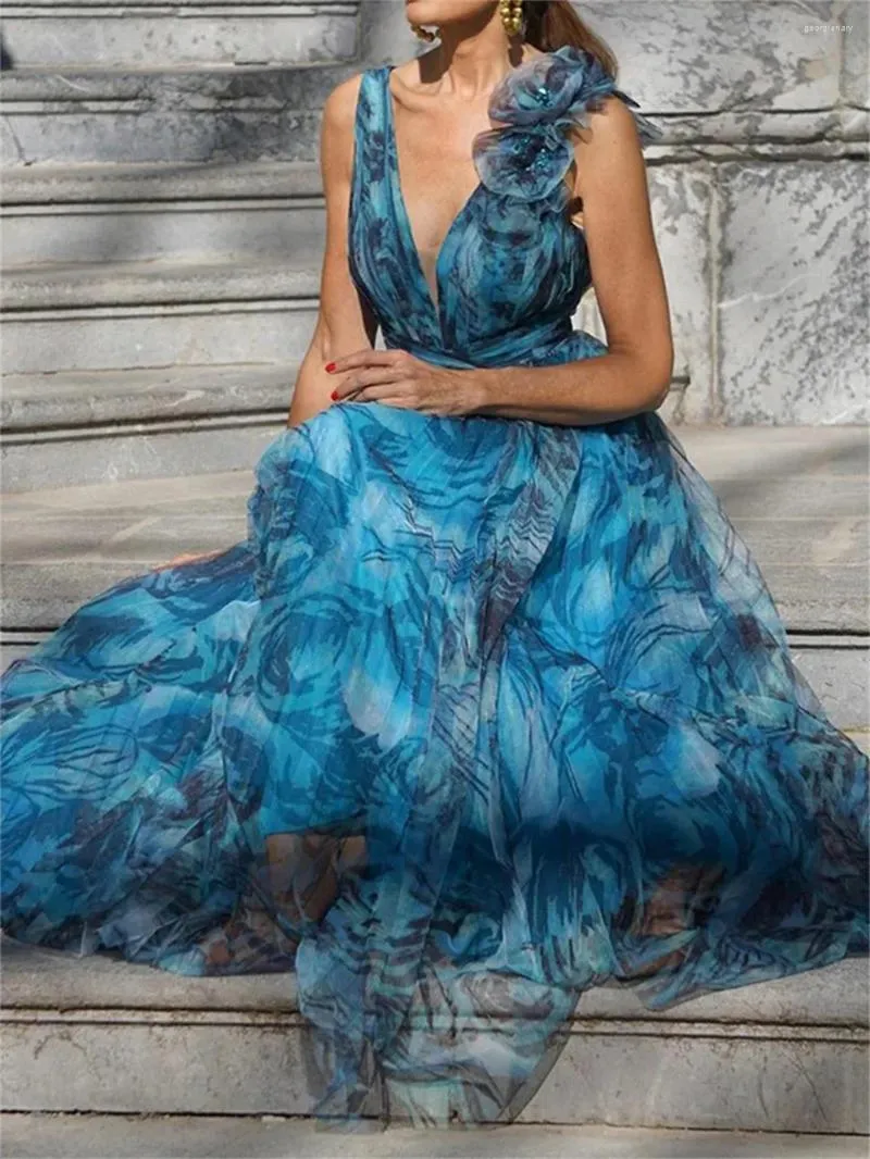 banquet dresses casual Bohemian Resort Style Peacock Blue Blue floral formal dress with Flowers Print