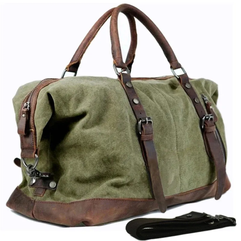 Vintage militaire toile cuir hommes sacs de voyage bagages à main sacs hommes sacs polochon voyage fourre-tout grand week-end sac de nuit 240103