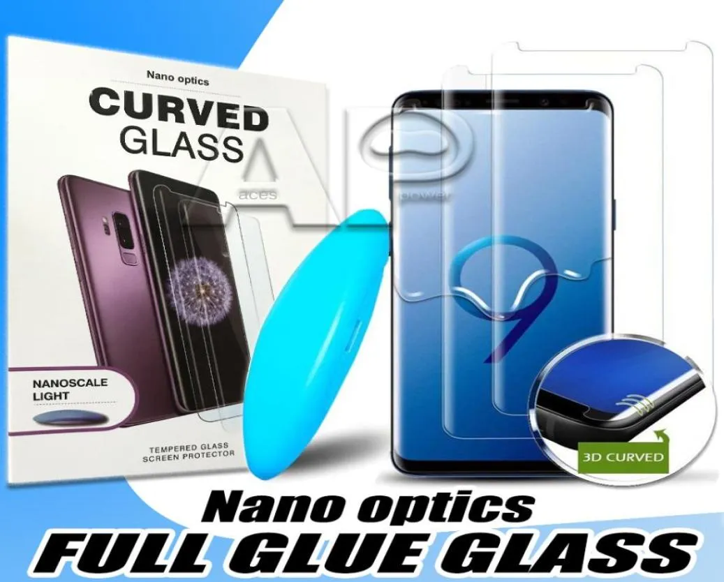 UV -skärmskyddare härdat glas för Samsung Galaxy S20 Ultra S10 Obs 20 Pro 10 9 S8 Plus iPhone 11 Pro Max Full Liquid Glue2139443