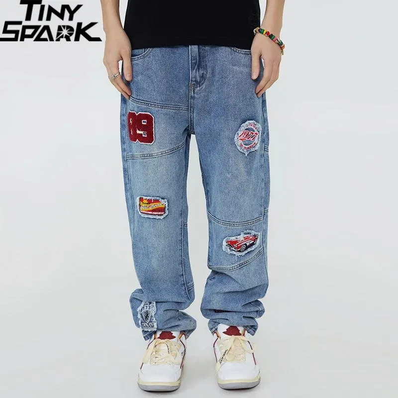 Calças masculinas hip hop streetwear calças jeans bordados remendos calças jeans 2022 harajuku algodão harem calças corredores jeans azul