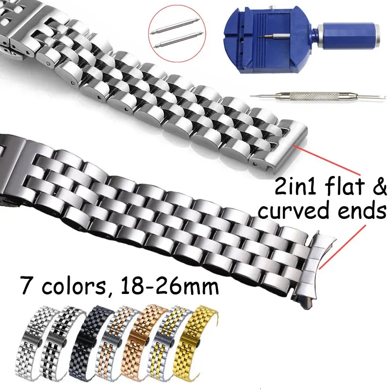 18 19 20 21 22mm 24 26mm Watch Band Flat Curved End rostfritt stål Watchband Butterfly Buckle Replacement Strap Armband 240104