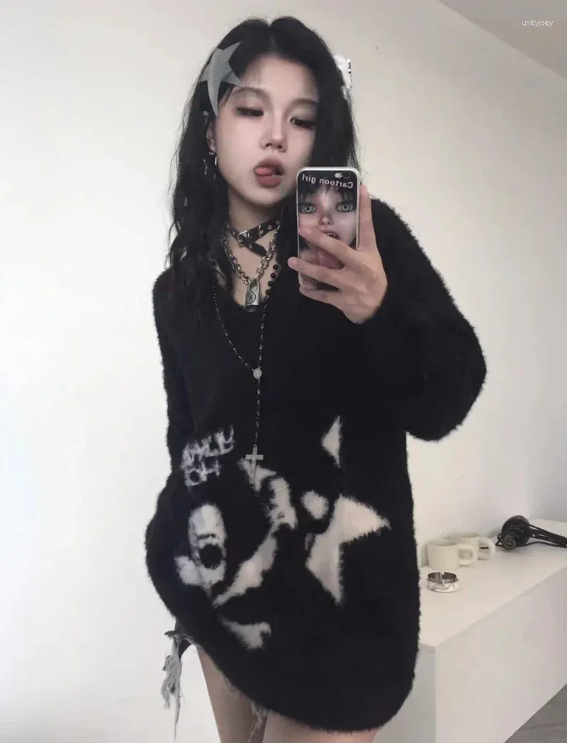 Kvinnors tröjor svarta gotiska dödskallar tröja grunge mörk estetik stickad jumper v-ringen harajuku lös mohair pullover emo alt stickkläder