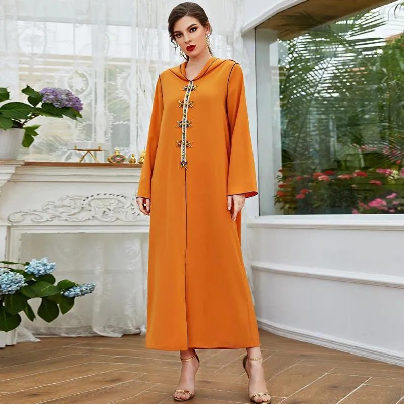 Ethnic Clothing Ramadan Hooded Long Dress Diamonds Robe Muslim Woman Costume Morocco Arabic Dubai Hight Quality Modest