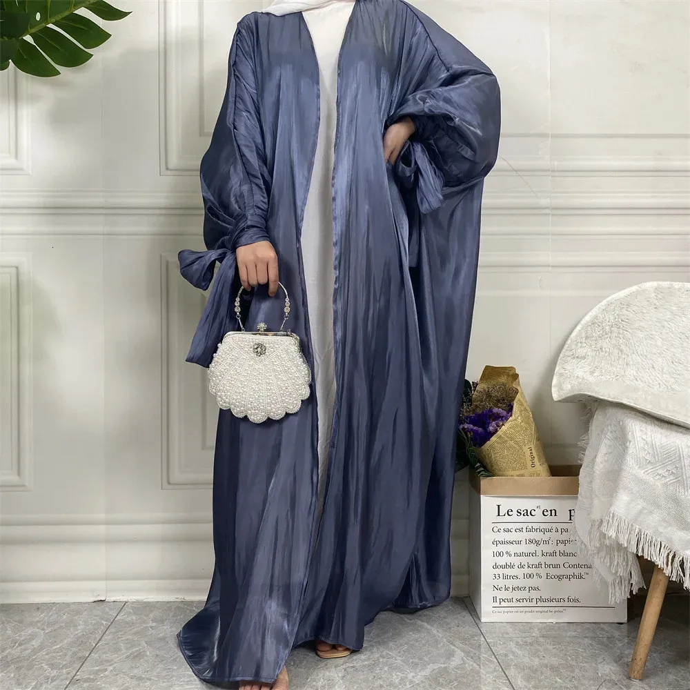 Musulmán Satén Eid Abierto Abaya Dubai Manga de burbuja Vestidos de noche turcos Kaftan para mujeres Ropa islámica Kimono Femme Musulmane 240103