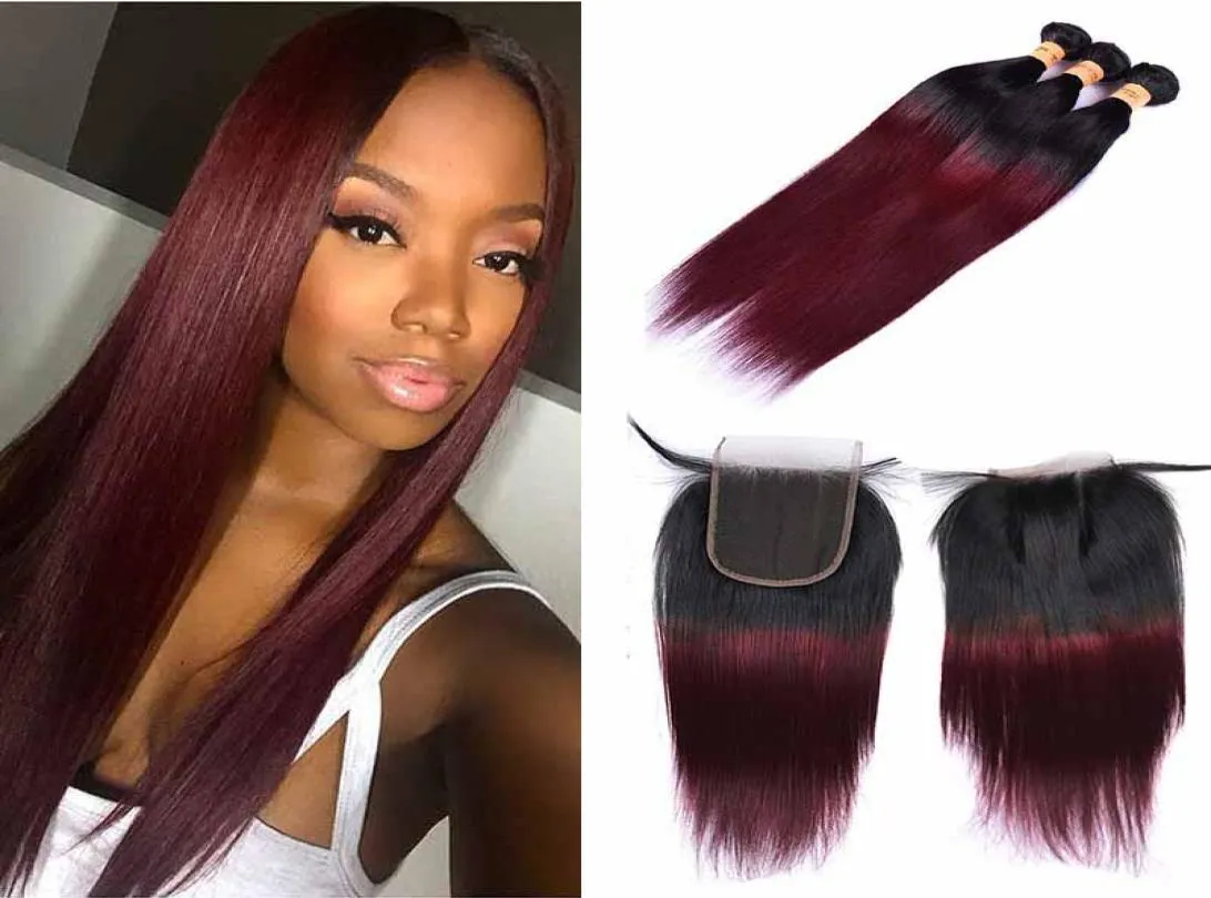 Ombre Colored Two Tone Weave 1B99j Straight Hair Extensions Weave Bundles with Part Lace Closure Unprocessed Virgin Human Ha1503906