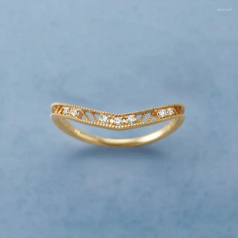 Cluster Rings 10K Yellow Gold Gemstone For Women V Shape Round Diamond Engagement Bride Wedding Gift Fine Jewelry