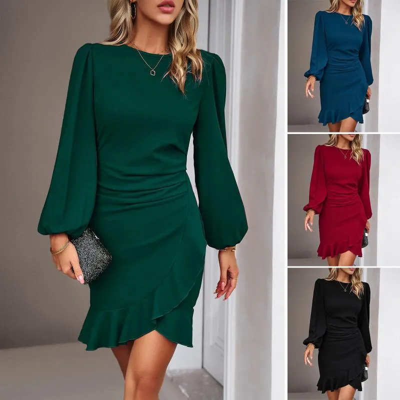 Casual Dresses Solid Color Elegant Party For Women Autumn Bodycon Ruffle Puff Sleeve Hip Wrap Skirts Simple Irregular Slim Gowns