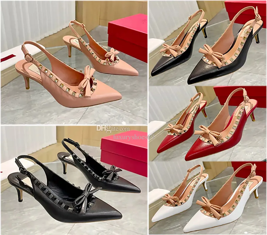 Spring and Autumn New Pointed Bow Sandals Designer Riveted High Heel Single Shoes Versatile Strap Women's Baotou Fashion Shoes EU35-40 with Box